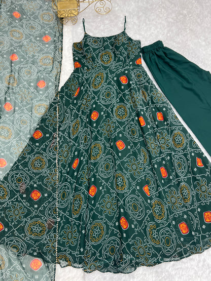 SOFT LIGHT WEIGHT CHIFFON GREEN BANDHANI PRINT ANARKALI 3PC KURTA SET