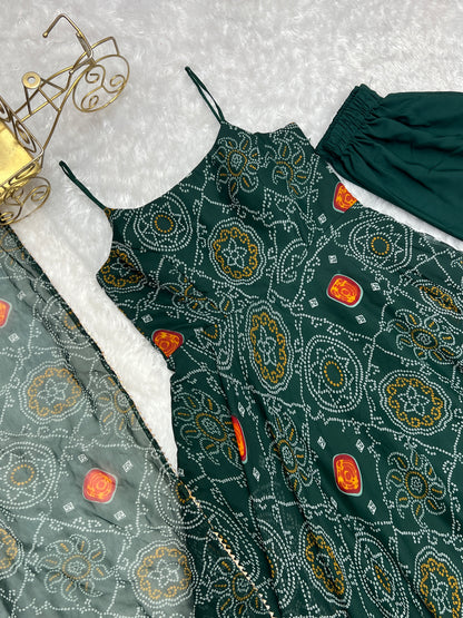 SOFT LIGHT WEIGHT CHIFFON GREEN BANDHANI PRINT ANARKALI 3PC KURTA SET