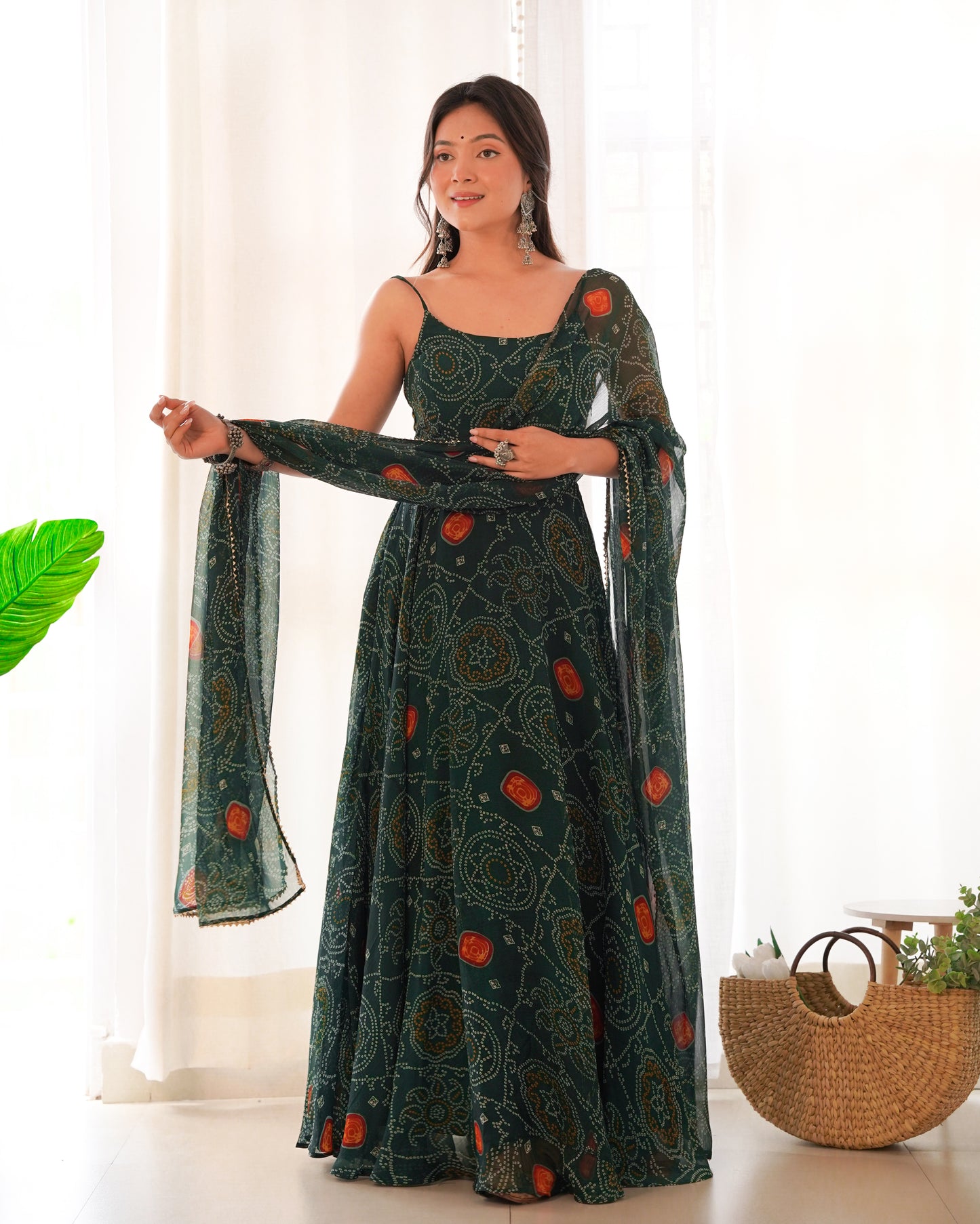 SOFT LIGHT WEIGHT CHIFFON GREEN BANDHANI PRINT ANARKALI 3PC KURTA SET