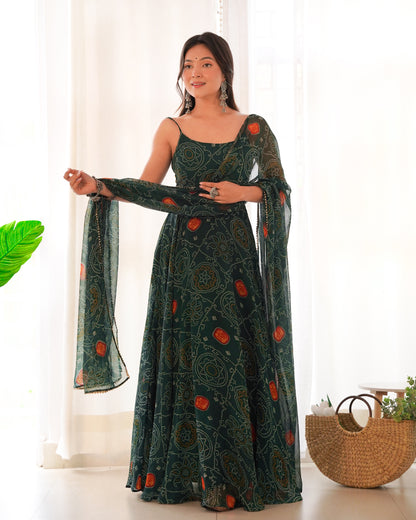 SOFT LIGHT WEIGHT CHIFFON GREEN BANDHANI PRINT ANARKALI 3PC KURTA SET