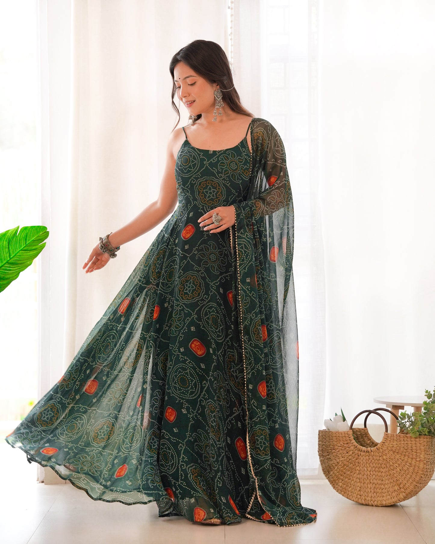 SOFT LIGHT WEIGHT CHIFFON GREEN BANDHANI PRINT ANARKALI 3PC KURTA SET