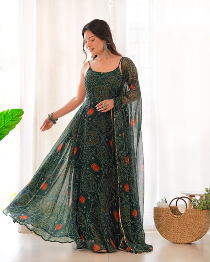SOFT LIGHT WEIGHT CHIFFON GREEN BANDHANI PRINT ANARKALI 3PC KURTA SET