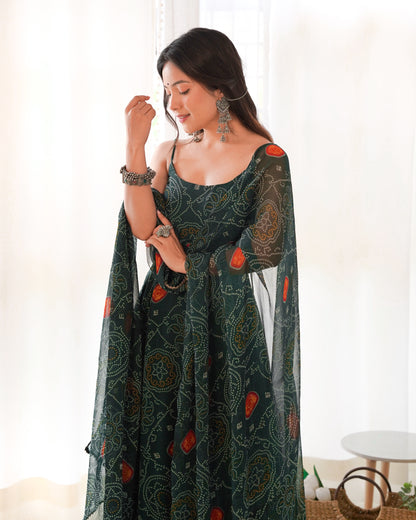 SOFT LIGHT WEIGHT CHIFFON GREEN BANDHANI PRINT ANARKALI 3PC KURTA SET