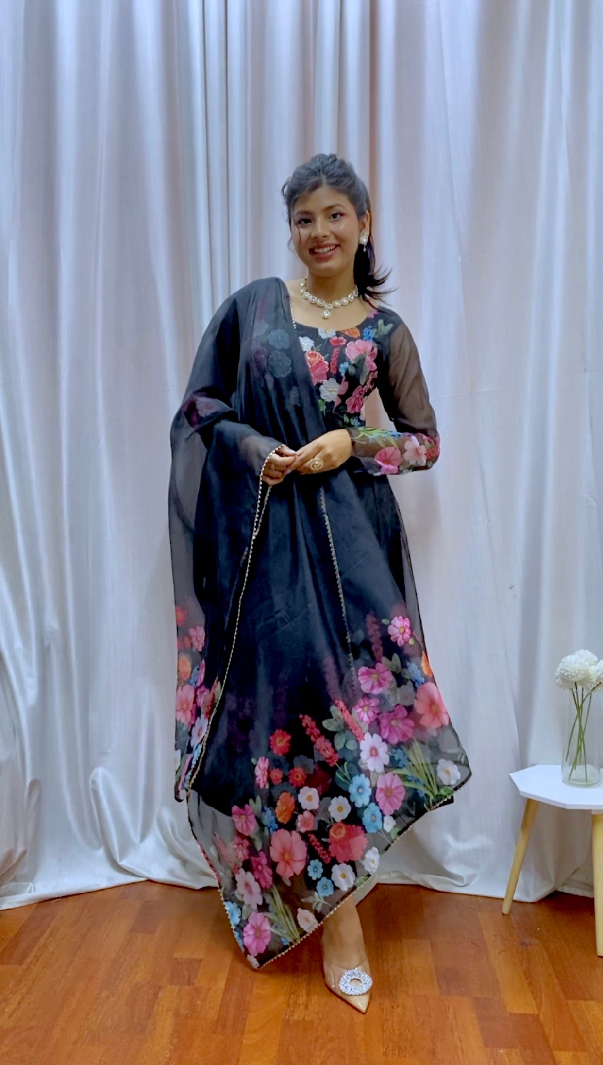 BLAK FLORAL PRINT WITH  BADLA ZARI WORK ANARKALI 3PC KURTA SET