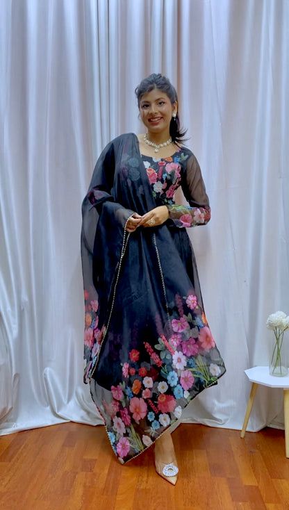 BLAK FLORAL PRINT WITH  BADLA ZARI WORK ANARKALI 3PC KURTA SET