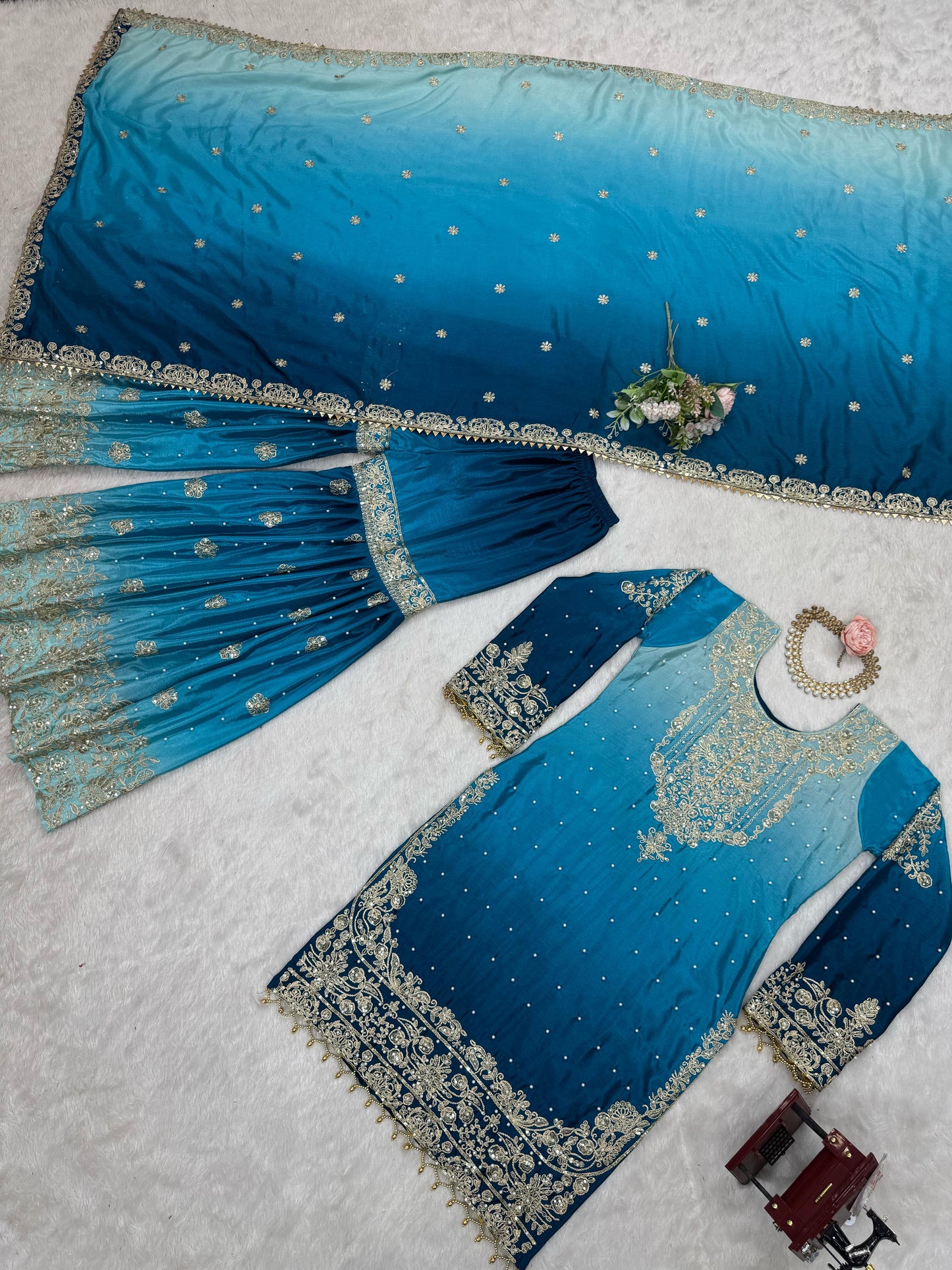 Chinon Silk Plazo Set with Rivet Moti Work