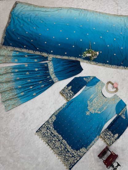 Chinon Silk Plazo Set with Rivet Moti Work