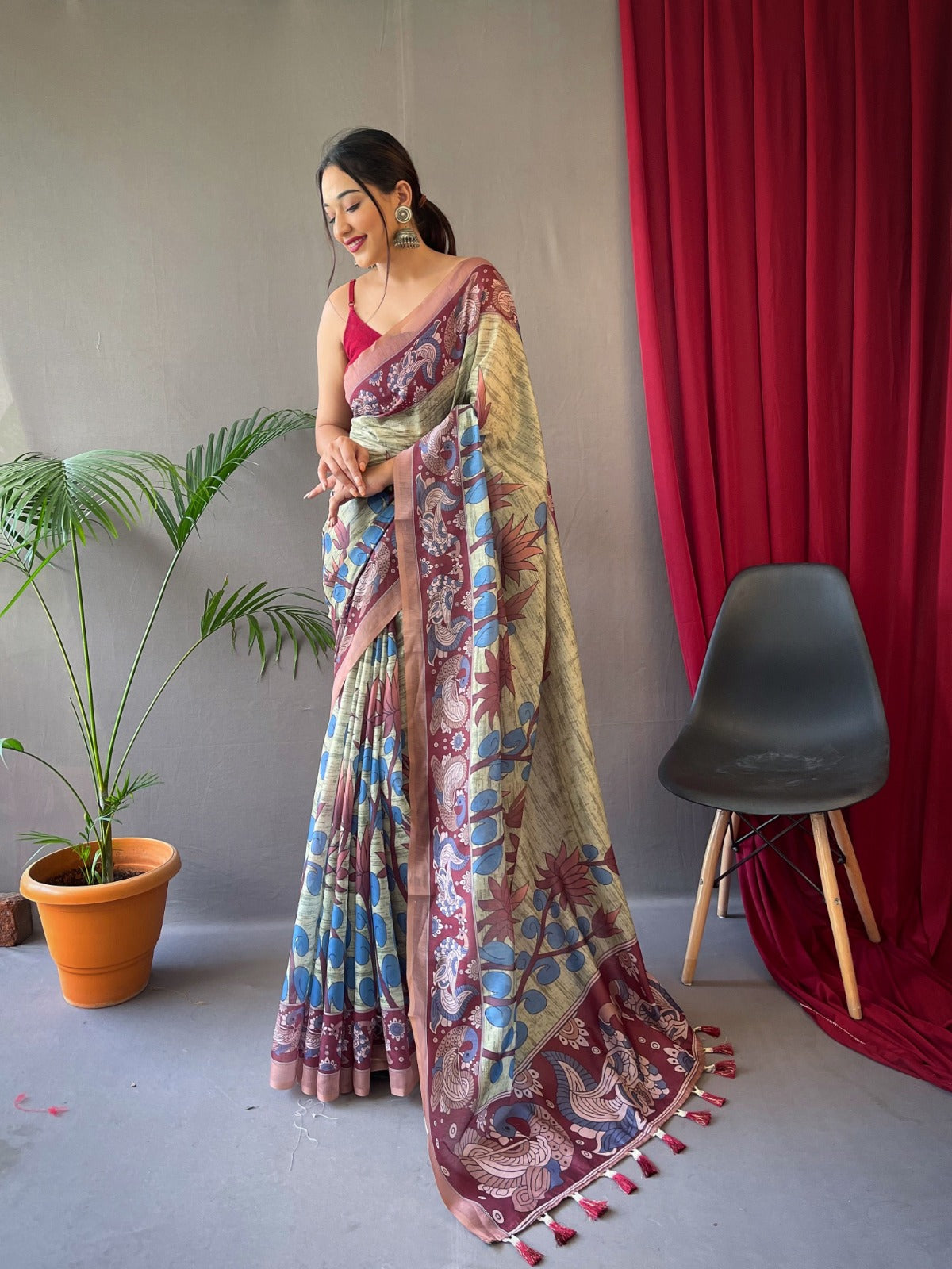 PASTEL PINK COLOR PURE MALAI COTTON WITH KALAMKARI PRINT SAREE