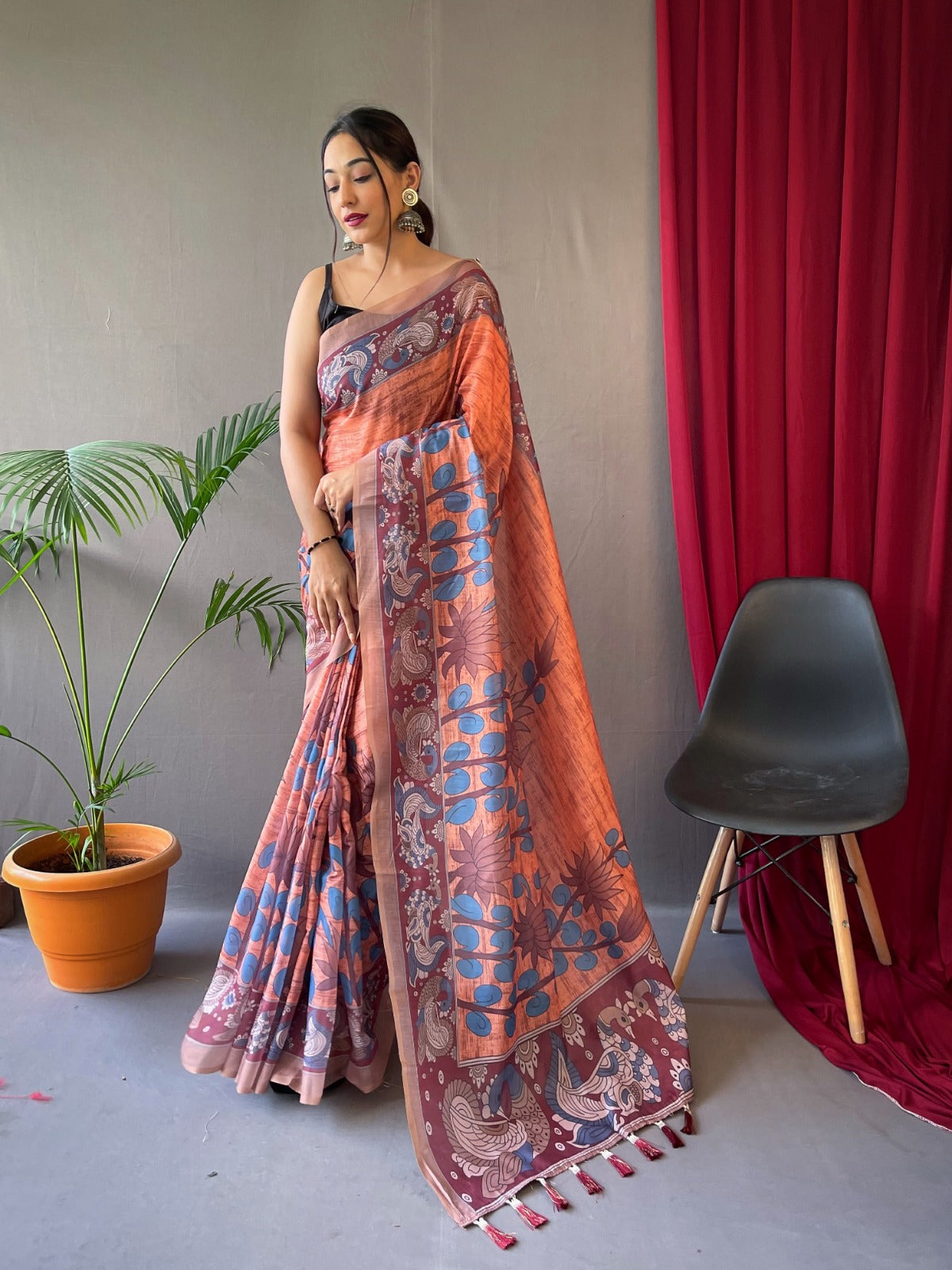 PASTEL PINK COLOR PURE MALAI COTTON WITH KALAMKARI PRINT SAREE