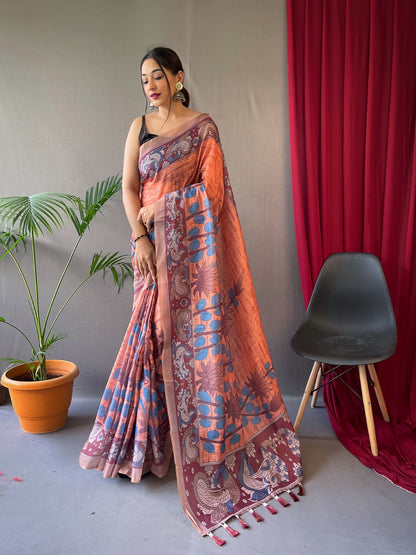 PASTEL PINK COLOR PURE MALAI COTTON WITH KALAMKARI PRINT SAREE