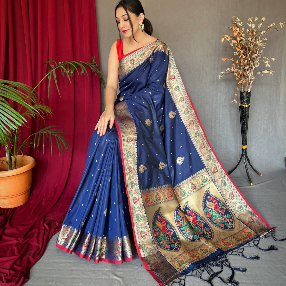 NAVY BLUE MEENA MOR PURE PAITHANI SILK SAREE