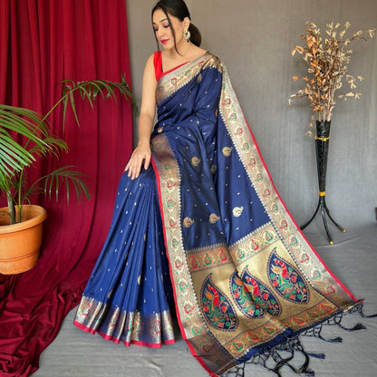 NAVY BLUE MEENA MOR PURE PAITHANI SILK SAREE