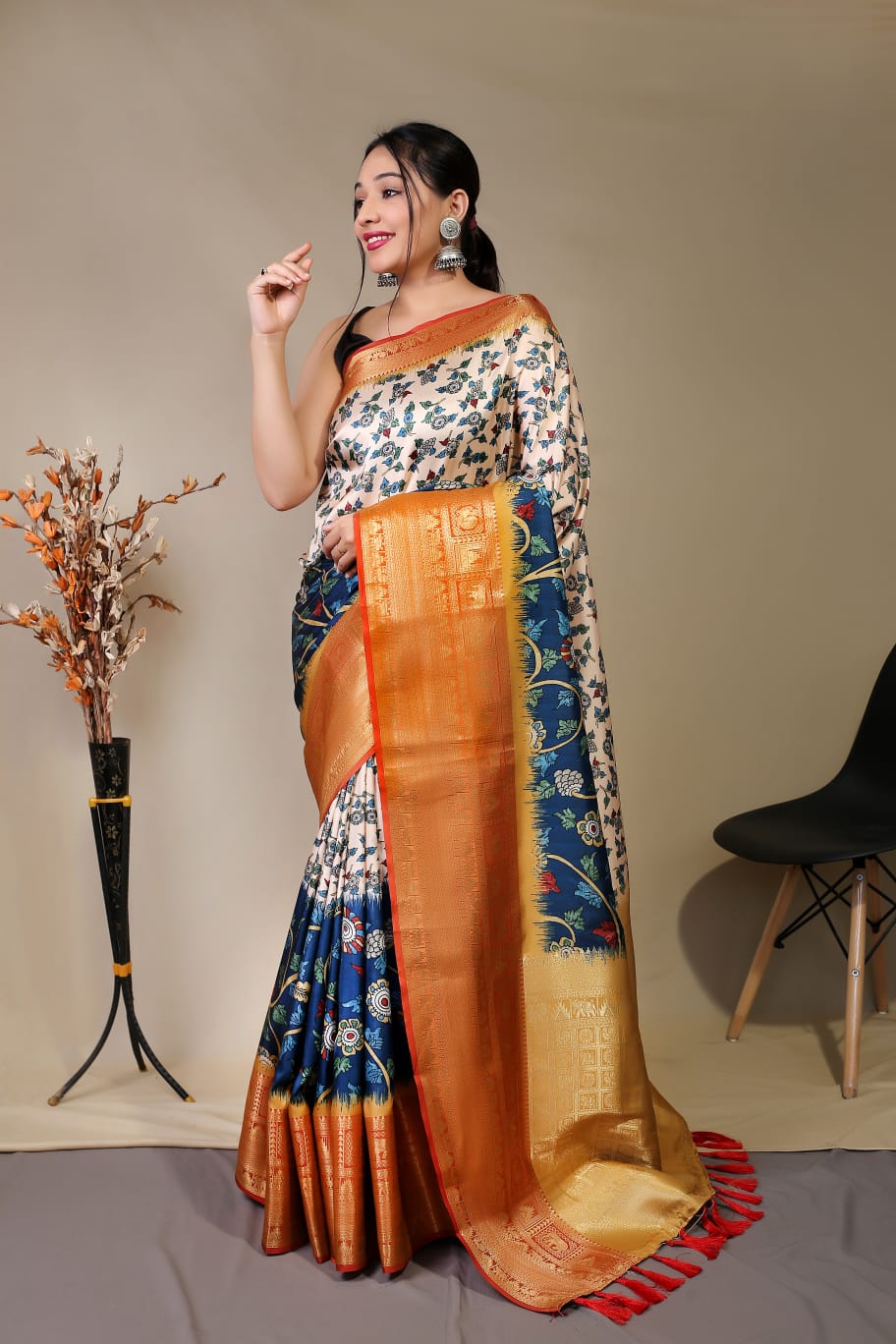 YELLOW COLOR  PURE KANCHIPURAM SILK WITH DIGITAL PRINT SAREE