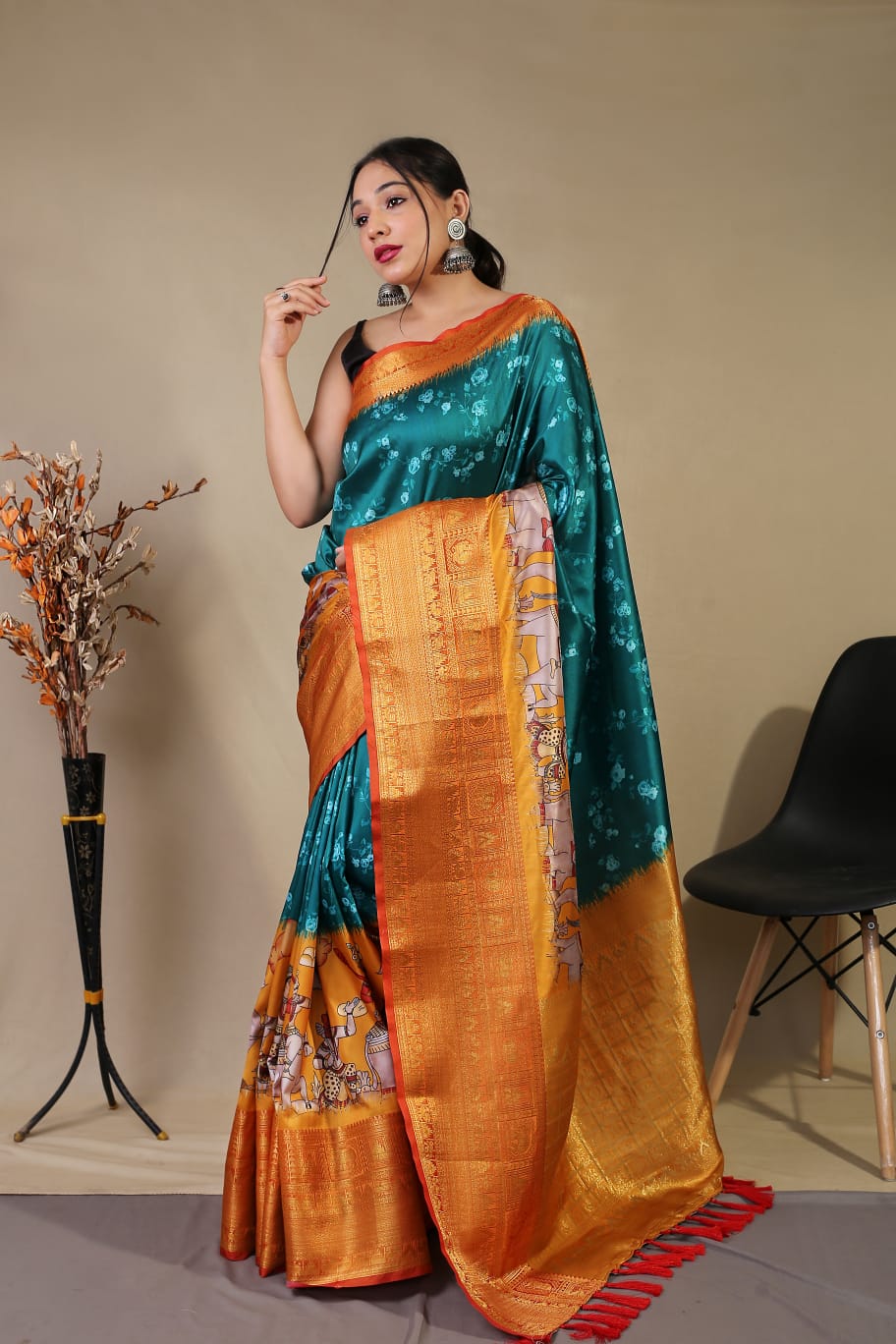 YELLOW COLOR  PURE KANCHIPURAM SILK WITH DIGITAL PRINT SAREE