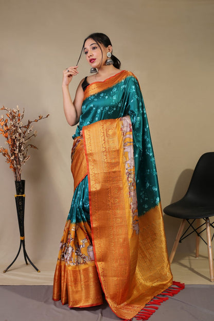 YELLOW COLOR  PURE KANCHIPURAM SILK WITH DIGITAL PRINT SAREE