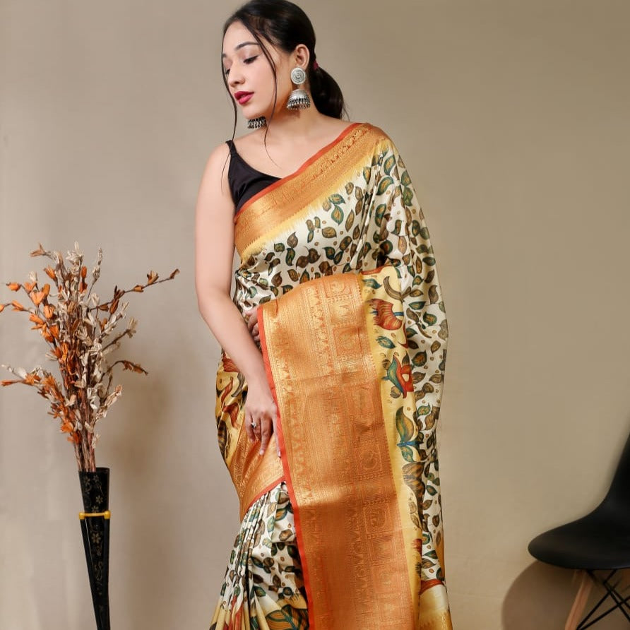 YELLOW COLOR  PURE KANCHIPURAM SILK WITH DIGITAL PRINT SAREE
