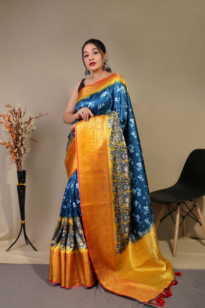 YELLOW COLOR  PURE KANCHIPURAM SILK WITH DIGITAL PRINT SAREE