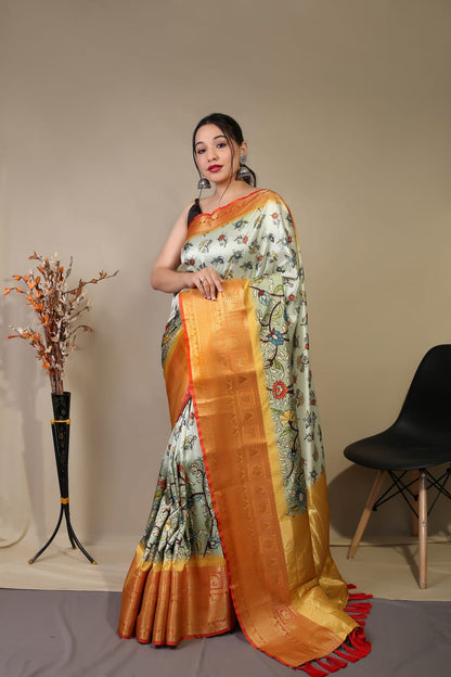 YELLOW COLOR  PURE KANCHIPURAM SILK WITH DIGITAL PRINT SAREE
