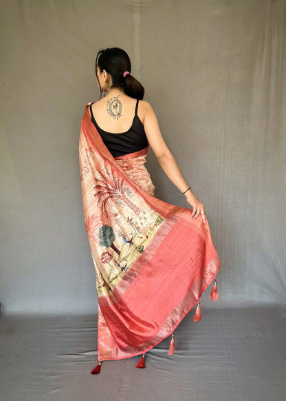 PURE TUSSORE SILK WHITE COLOR CONCEPTUALPRINT SAREE