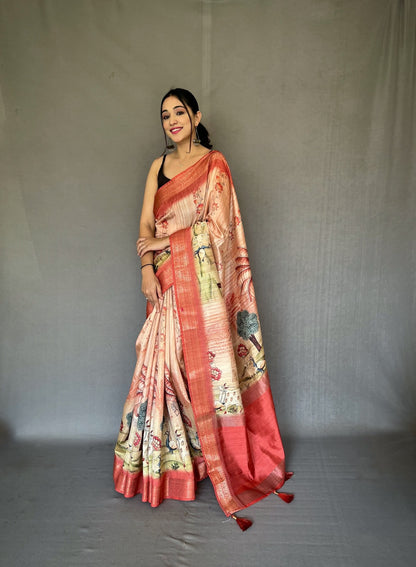PURE TUSSORE SILK WHITE COLOR CONCEPTUALPRINT SAREE