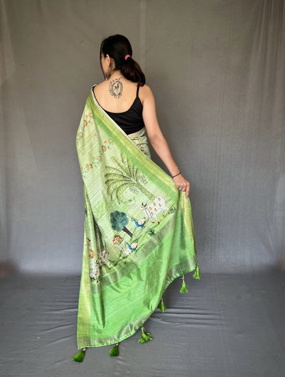 PURE TUSSORE SILK WHITE COLOR CONCEPTUALPRINT SAREE