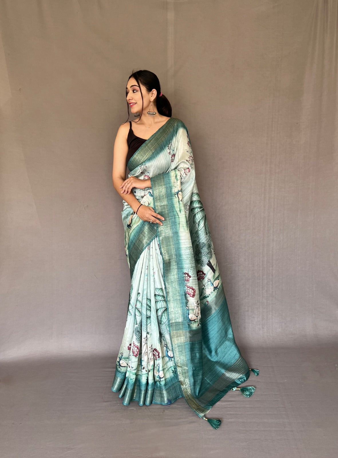 PURE TUSSORE SILK WHITE COLOR CONCEPTUALPRINT SAREE