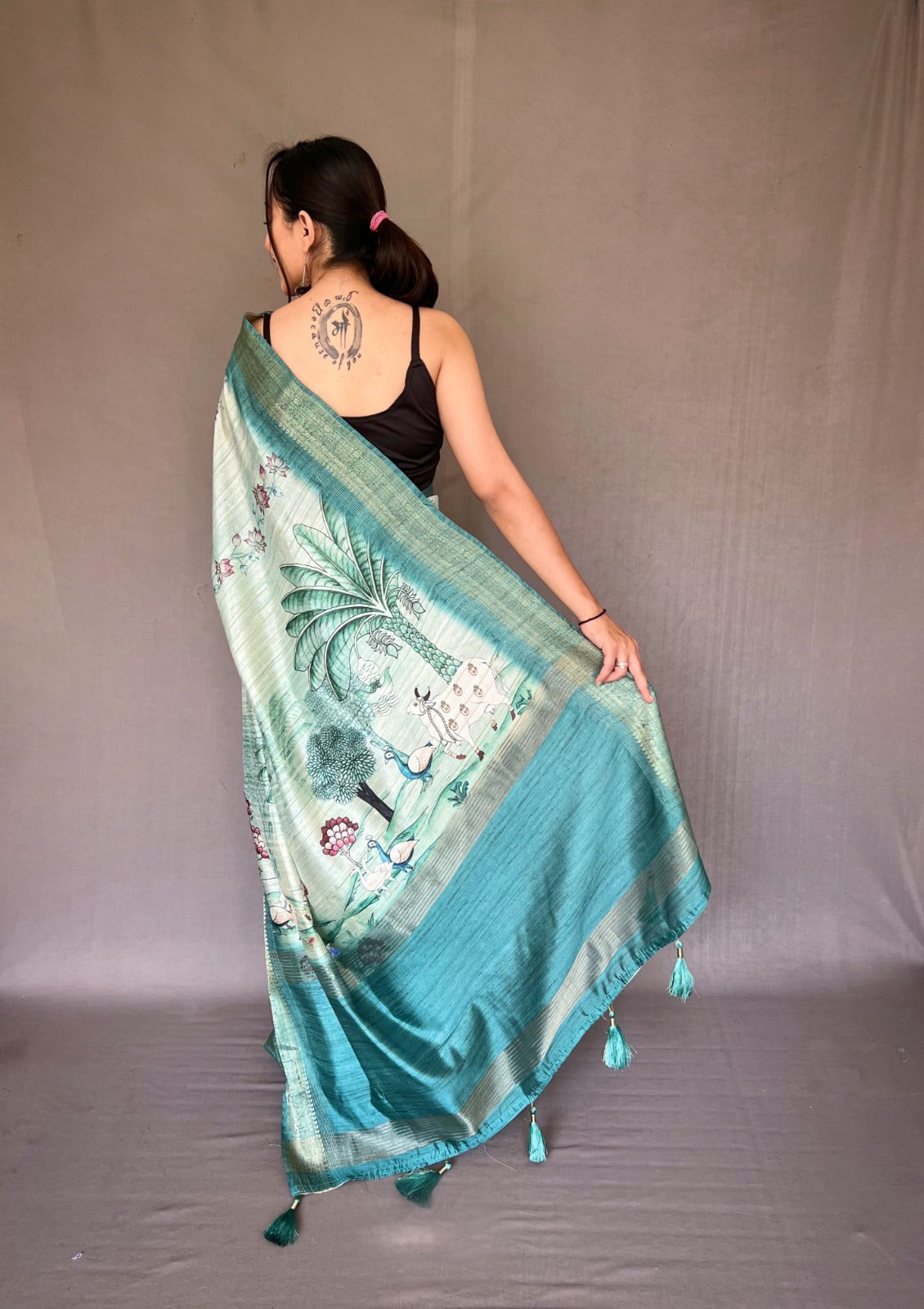 PURE TUSSORE SILK WHITE COLOR CONCEPTUALPRINT SAREE