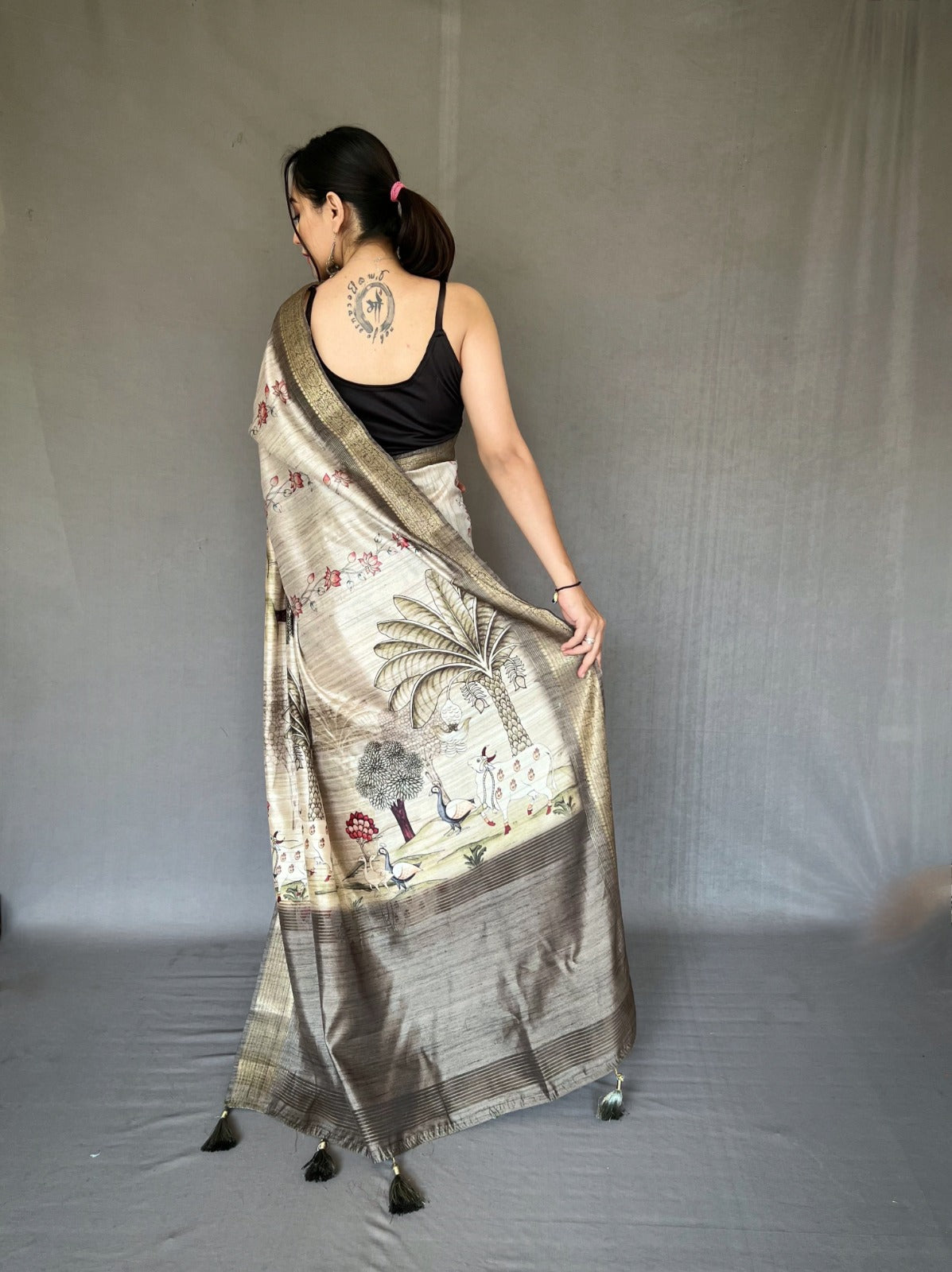 PURE TUSSORE SILK WHITE COLOR CONCEPTUALPRINT SAREE