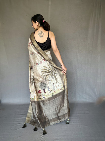 PURE TUSSORE SILK WHITE COLOR CONCEPTUALPRINT SAREE