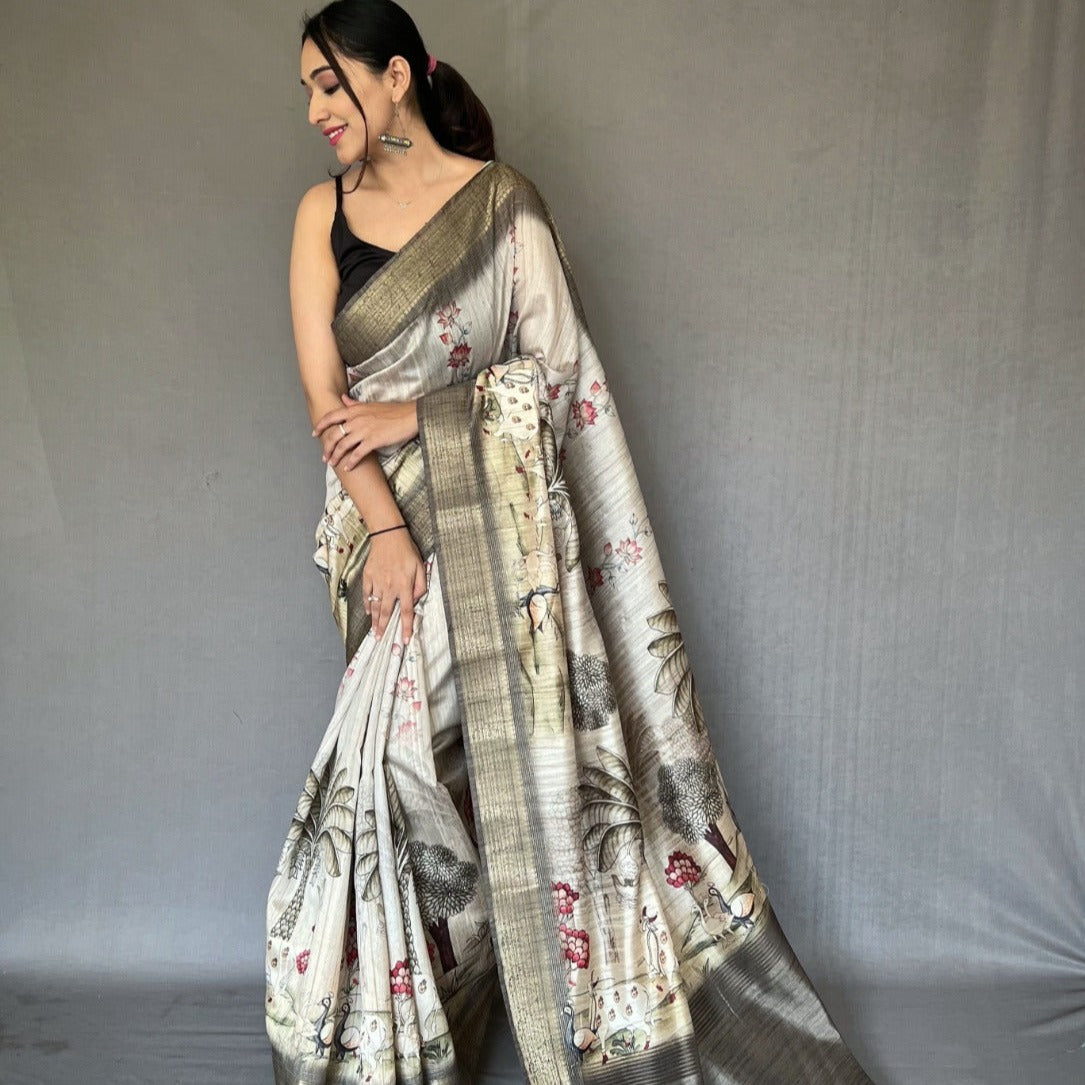 PURE TUSSORE SILK WHITE COLOR CONCEPTUALPRINT SAREE