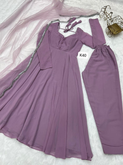LAVENDER COLOR HEAVY PURE SOFT GEORGETTE ANARKALI 3PC KURTA SET