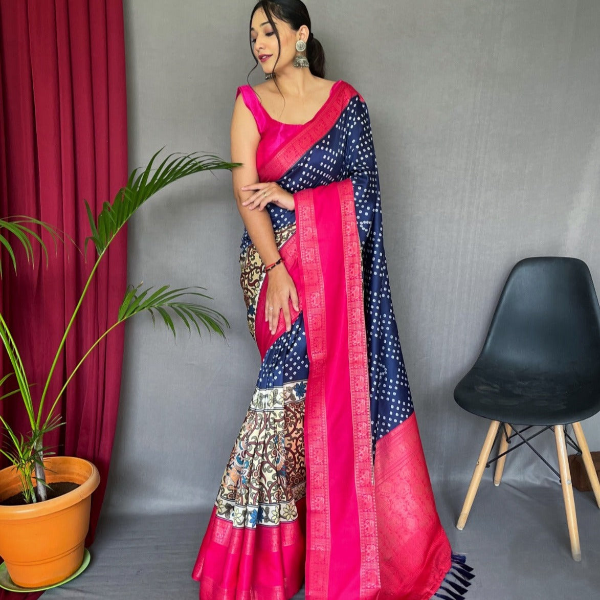 HERITAGE NAVY BLUE COLOR BANDHEJ WITH KALAMKARI FUSION SILK SAREE