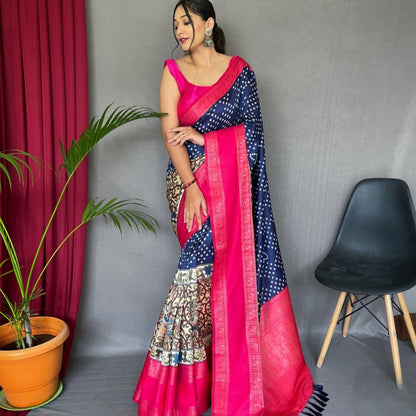 HERITAGE NAVY BLUE COLOR BANDHEJ WITH KALAMKARI FUSION SILK SAREE