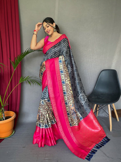 HERITAGE NAVY BLUE COLOR BANDHEJ WITH KALAMKARI FUSION SILK SAREE