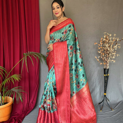 RED & SKY BLUE COLOR DIGITAL PRINT KANCHIPURAM SILK SAREE