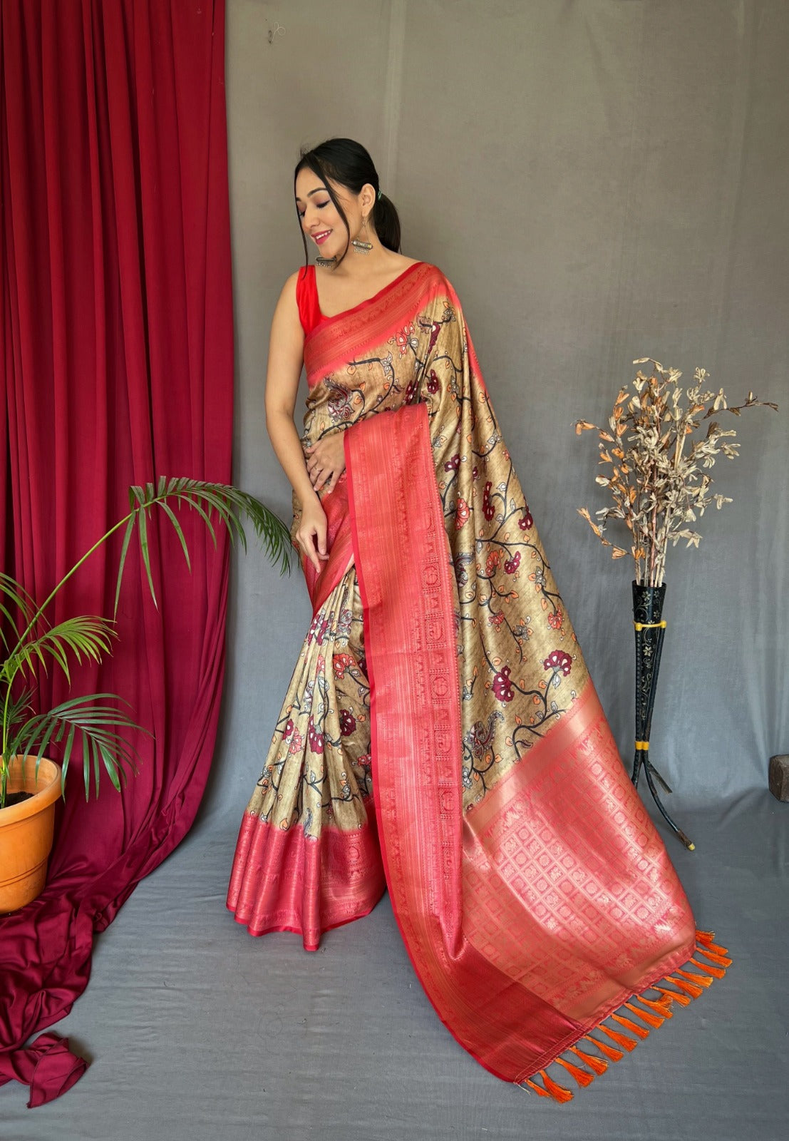 RED & SKY BLUE COLOR DIGITAL PRINT KANCHIPURAM SILK SAREE