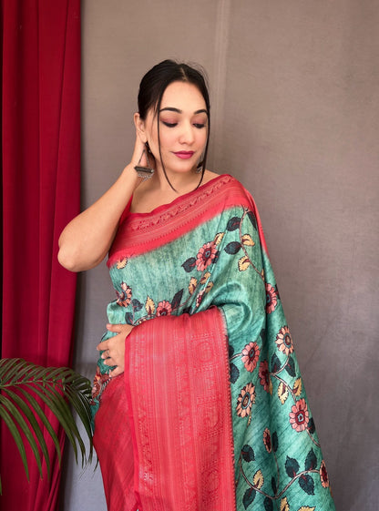 RED & SKY BLUE COLOR DIGITAL PRINT KANCHIPURAM SILK SAREE