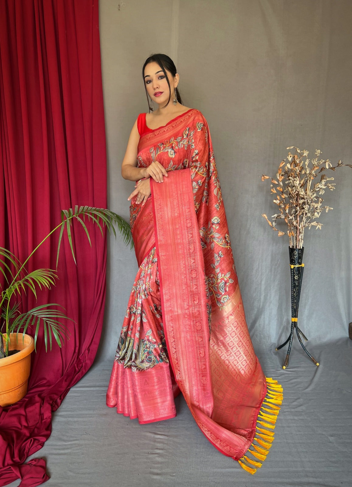 RED & SKY BLUE COLOR DIGITAL PRINT KANCHIPURAM SILK SAREE