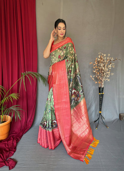 RED & SKY BLUE COLOR DIGITAL PRINT KANCHIPURAM SILK SAREE