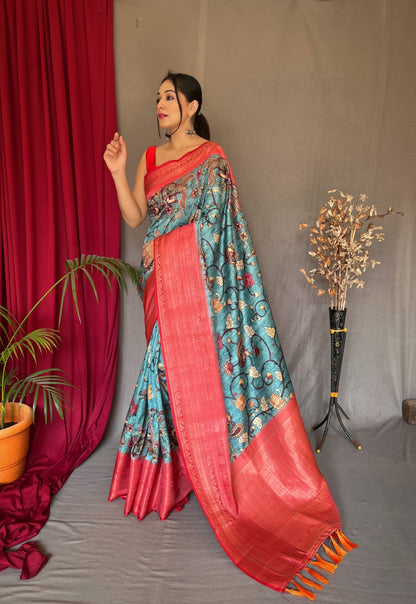 RED & SKY BLUE COLOR DIGITAL PRINT KANCHIPURAM SILK SAREE