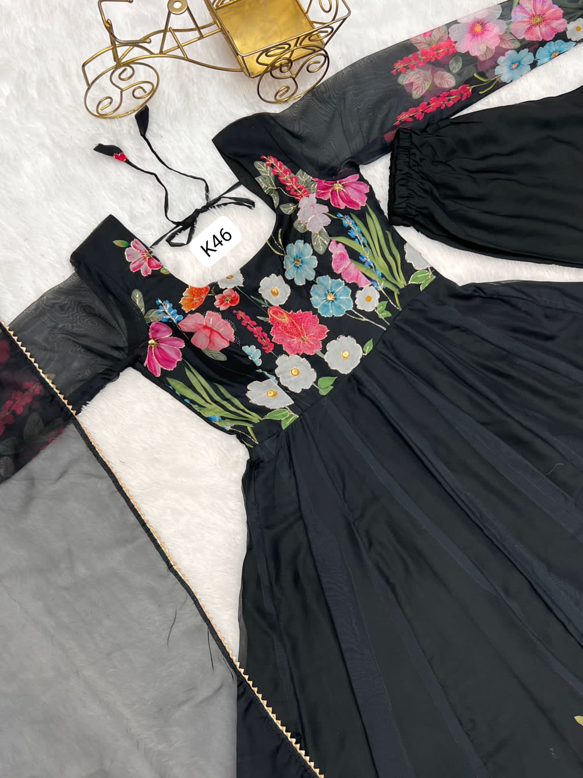 BLAK FLORAL PRINT WITH  BADLA ZARI WORK ANARKALI 3PC KURTA SET