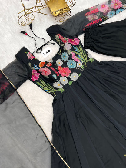 BLAK FLORAL PRINT WITH  BADLA ZARI WORK ANARKALI 3PC KURTA SET