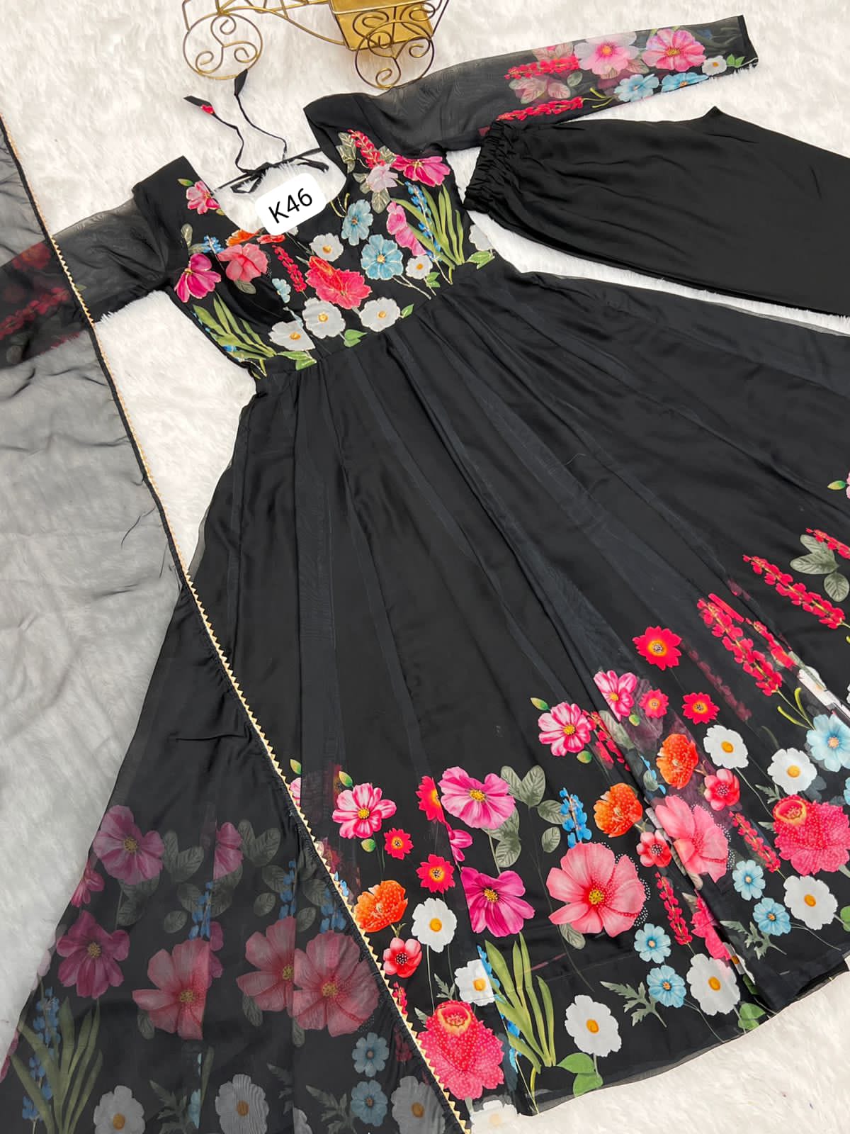 BLAK FLORAL PRINT WITH  BADLA ZARI WORK ANARKALI 3PC KURTA SET