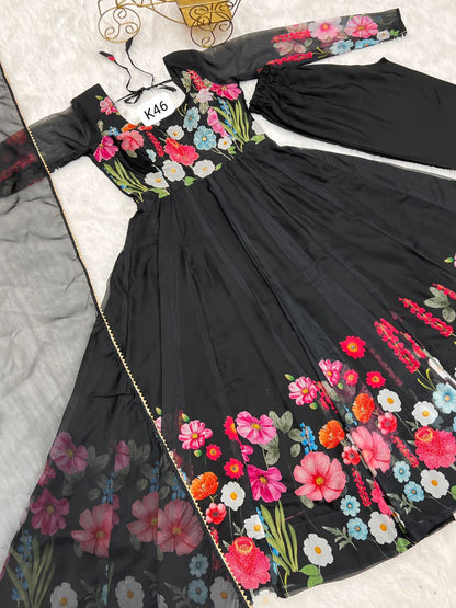 BLAK FLORAL PRINT WITH  BADLA ZARI WORK ANARKALI 3PC KURTA SET