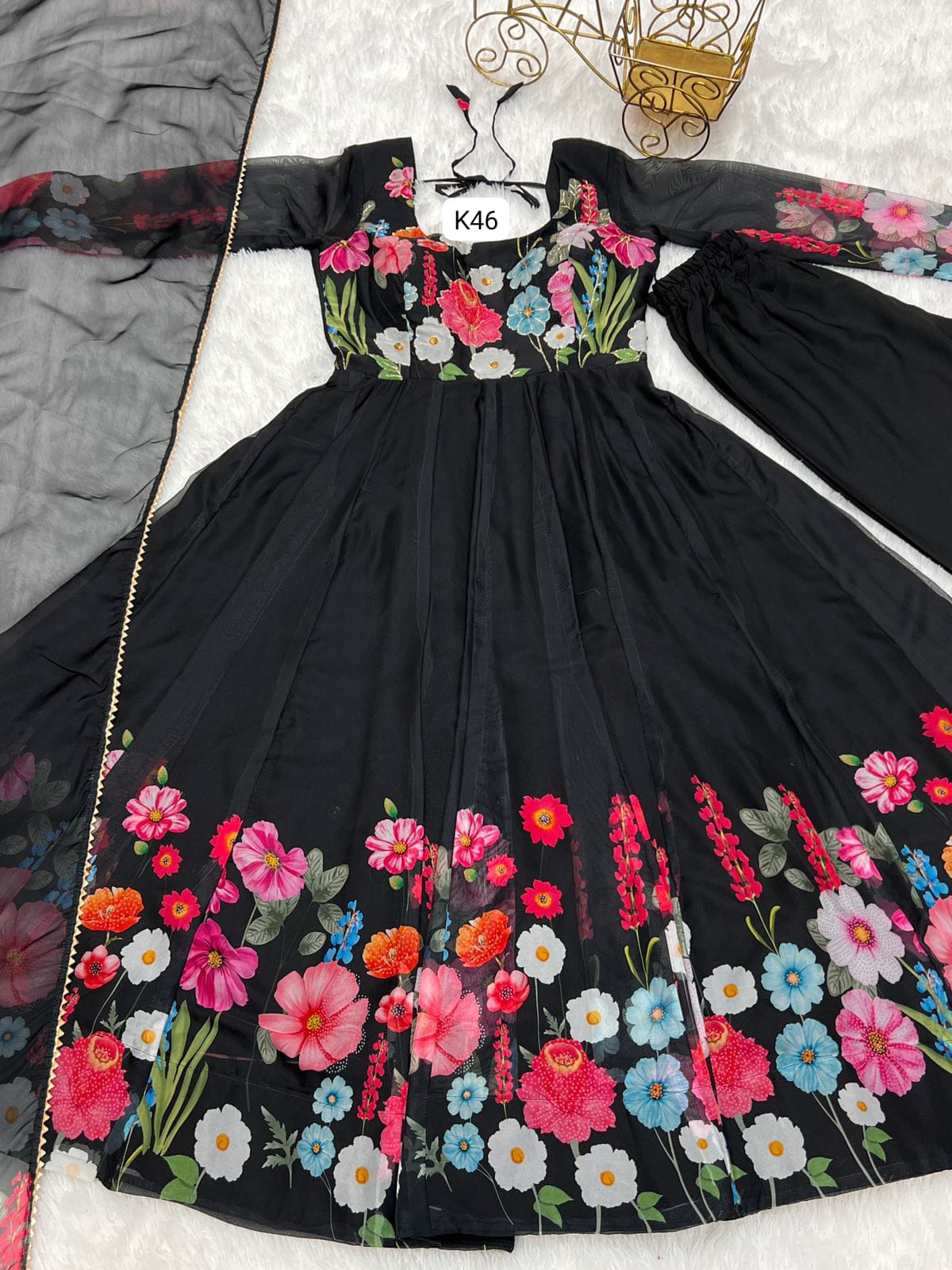 BLAK FLORAL PRINT WITH  BADLA ZARI WORK ANARKALI 3PC KURTA SET