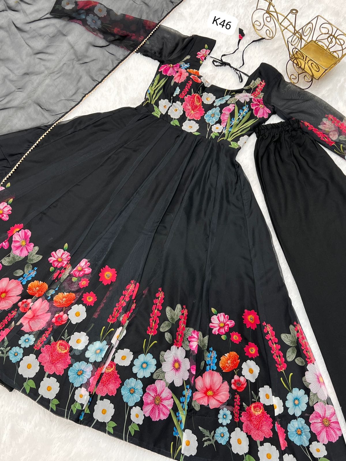 BLAK FLORAL PRINT WITH  BADLA ZARI WORK ANARKALI 3PC KURTA SET