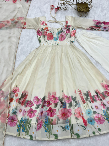 OFF WHITE FLORAL PRINT ORGANJA BADLA ZARI WORK ANARKALI 3PC KURTA SET