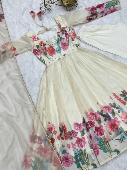 OFF WHITE FLORAL PRINT ORGANJA BADLA ZARI WORK ANARKALI 3PC KURTA SET