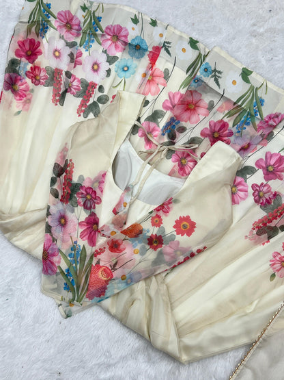 OFF WHITE FLORAL PRINT ORGANJA BADLA ZARI WORK ANARKALI 3PC KURTA SET