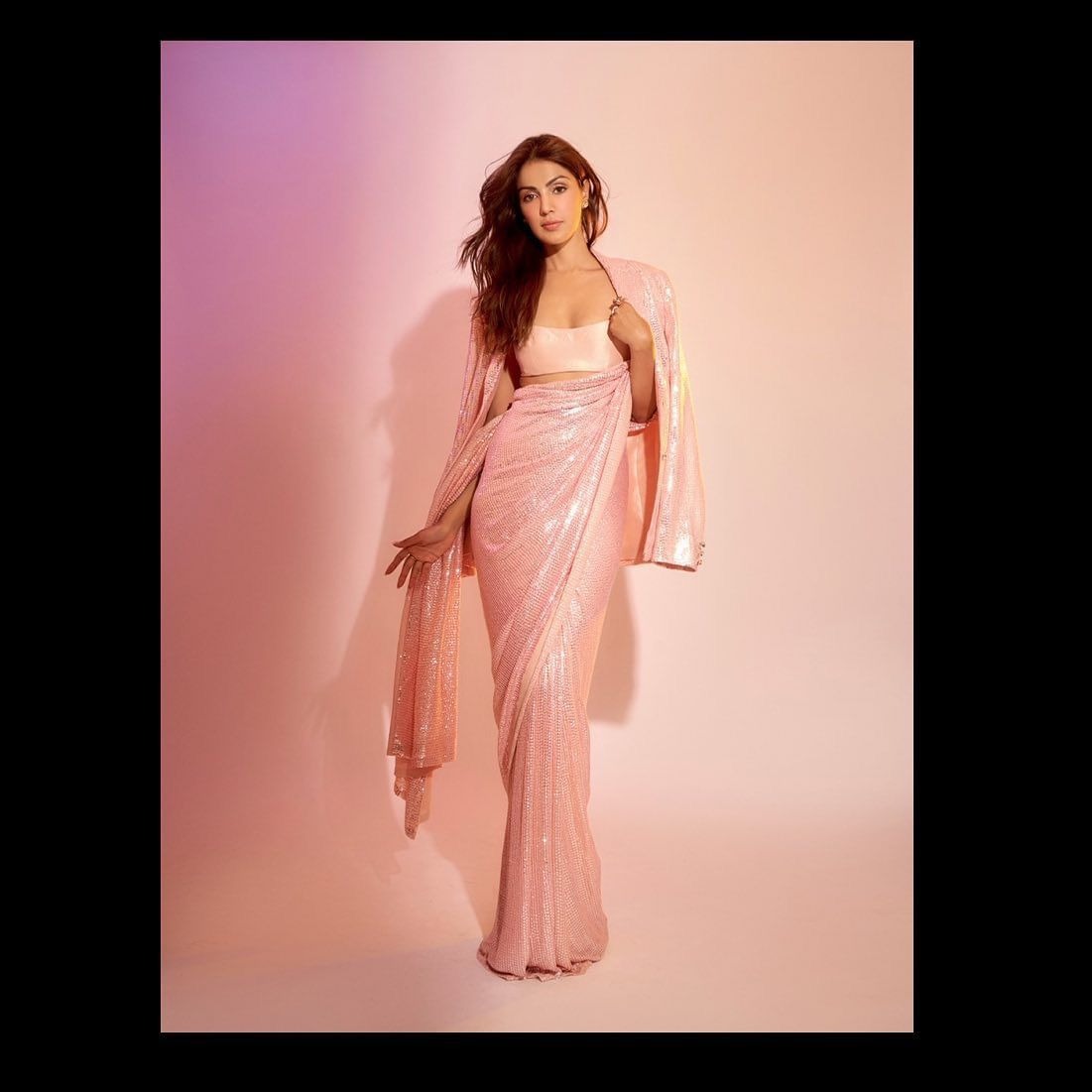 CHERRY PINK COLOR HANDCRAFTED SEQUINS EMBROIDERY WORK SAREE